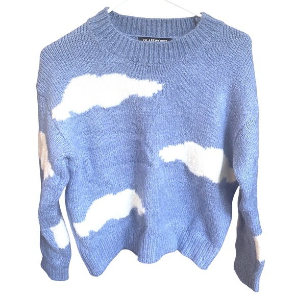 Glassworks London Intarsia Cloud Blue and White Wool Blend Sweater Jumper‎ - Picture 3 of 10